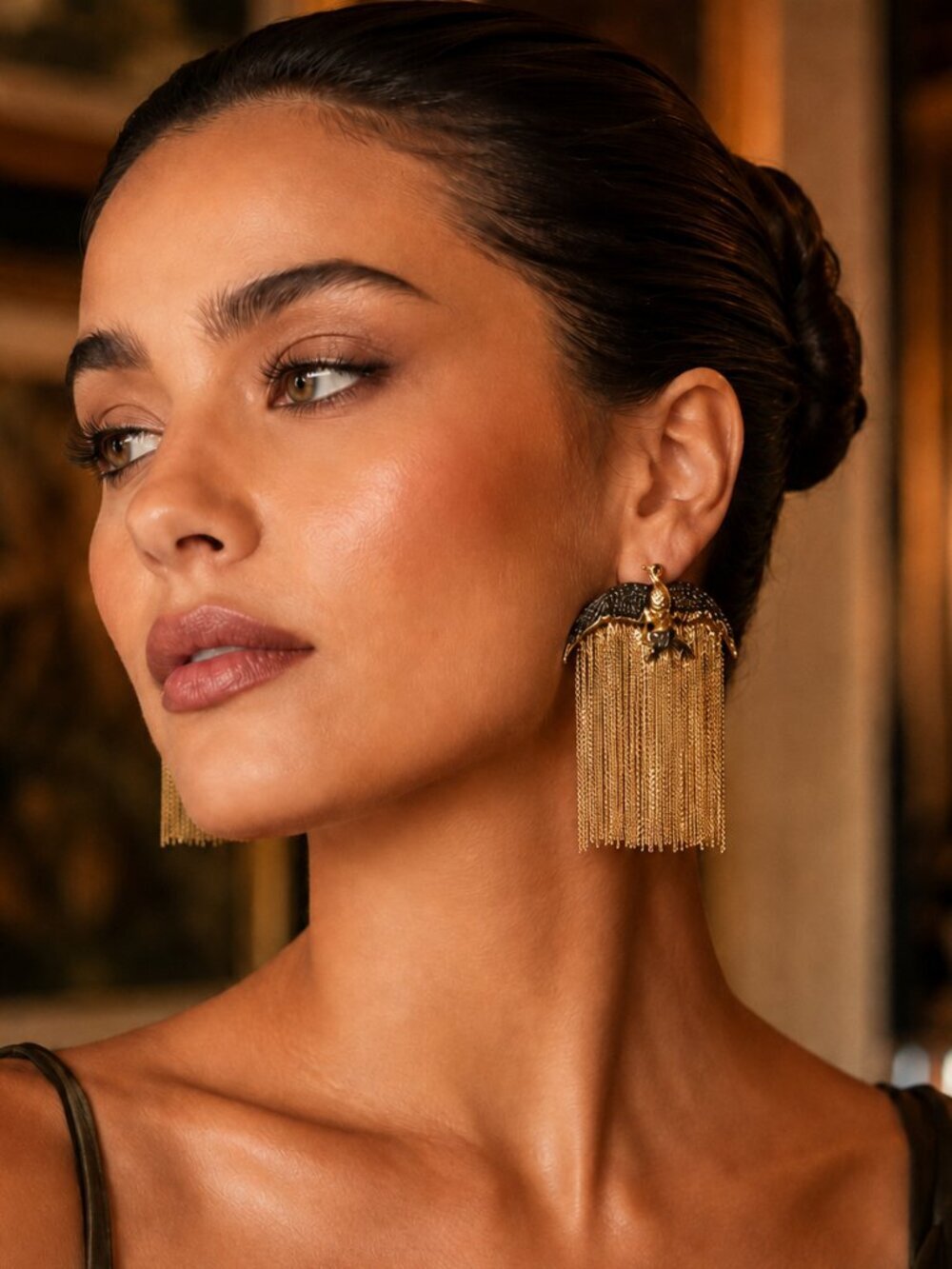 ✨ Dramatic Bird Statement Earrings – Cascading Gold Fringe & Textured Detail